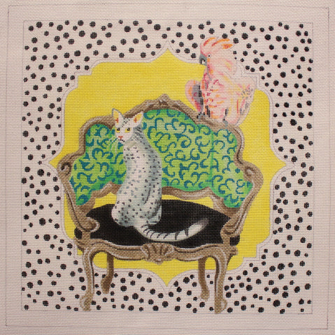 Colors of Praise # AN147 Cat and Parrot on Chair